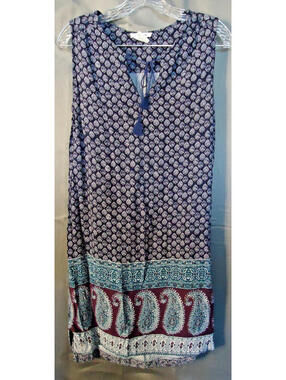Beach Lunch Lounge Boho Tasseled Tank Dress Women's Size M Blue Geometric Print